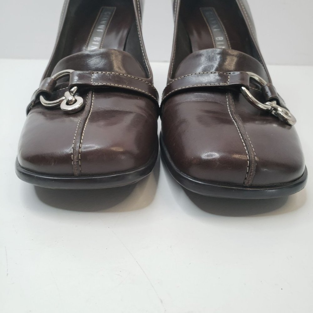 Gianni Bini Square Toe Pump Sz 7 Brown Leather Slip On Heeled Career Dress Shoe - Picture 4 of 11